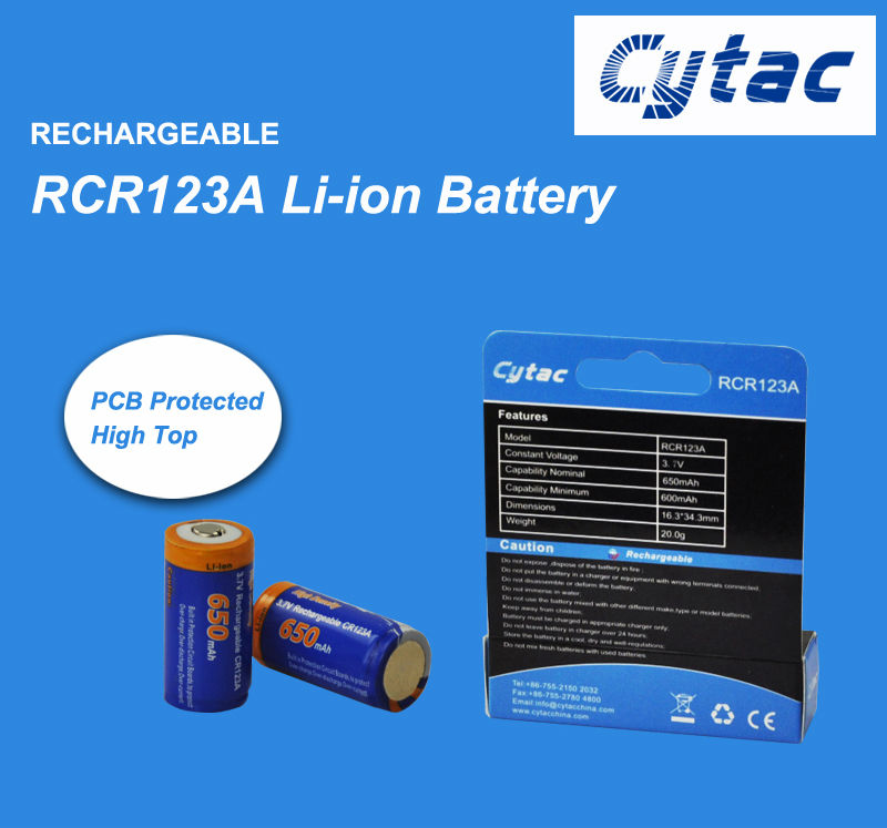 RCR123A 16340 Cytac (650mAh)  Li-ion аккумулятор размера батарейки CR123A