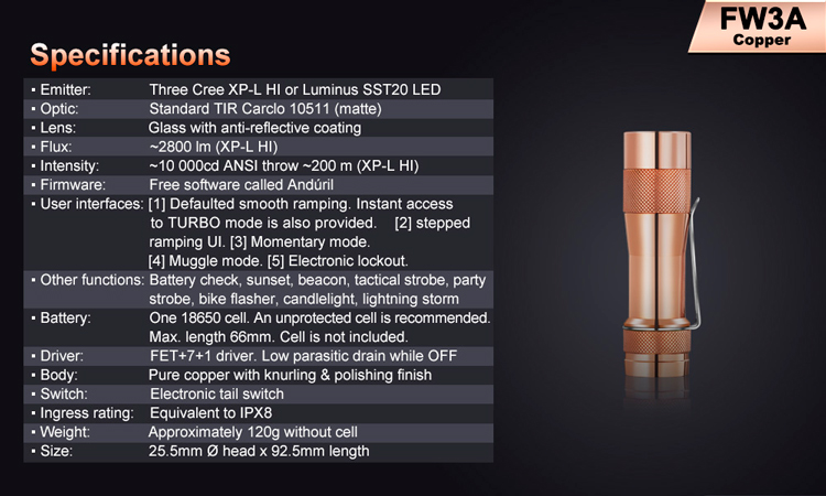 Lumintop FW3A COPPER (2800 люмен)   Сверхмощный карманный фонарь из меди купить в России