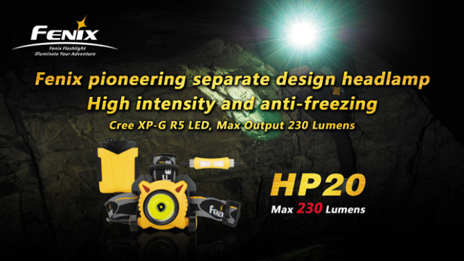 Мощный светодиодный налобный фонарь Fenix HP20 CREE R5, 230 лм, батарейки и аккумуляторы АА, Выносной блок питания
