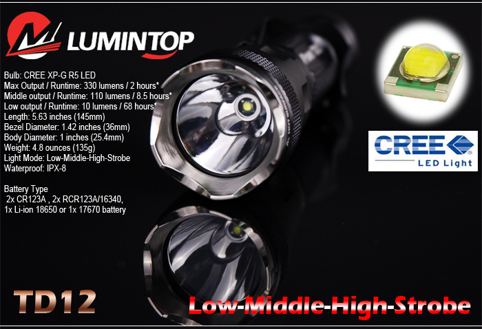 Мощный дальнобойный тактический светодиодный фонарь TD12 330 люмен на диоде Cree XP-G R5 LED CR123A, 18650, 17670, 16340 водонепроницаемый