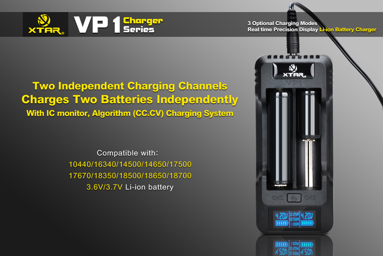 XTAR  VP1  Интеллектуальное зарядное устройство на 2 канала с регулировкой тока заряда