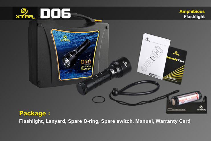 XTAR D06 Kit (XM-L2 U2) 900 lumens  Подводный фонарь для дайвинга с аккумулятором и зарядным устройством купить цена