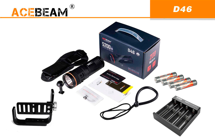 AceBeam D46H Kit (5200 ANSI люмен)  Подводный аккумуляторный фонарь для дайвинга с ручкой гудмана и зарядным устройством