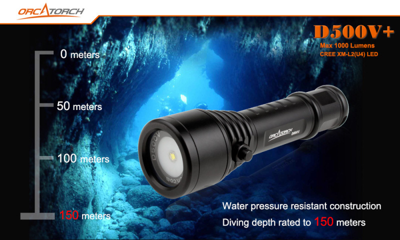 OrcaTorch D500V+ Подводный фонарь для фото и видео съемки во время дайвинга с мощным широким заливным светом