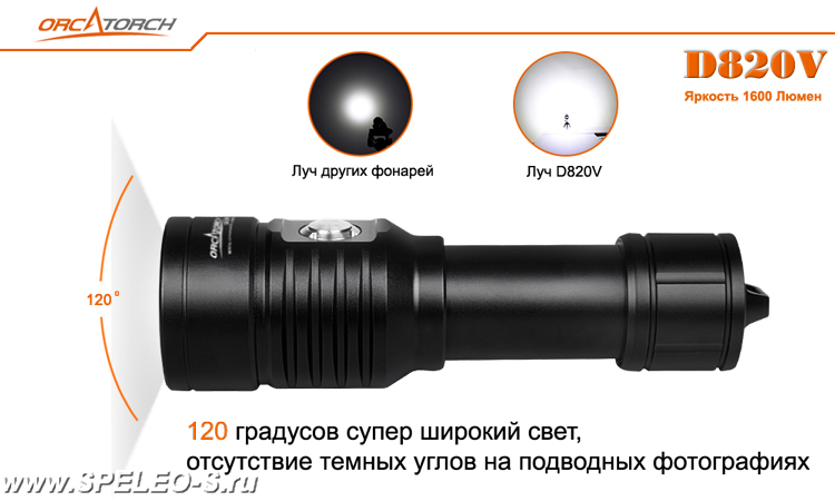 OrcaTorch D820V Мощный фонарь для подводной фото и видеосъемки с белым, красным и ультрафиолетовым светом