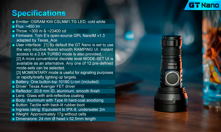 Lumintop GT Nano (450лм / 300м)  Миниатюрный дальнобойный фонарь в полной комплектации 10180 10440