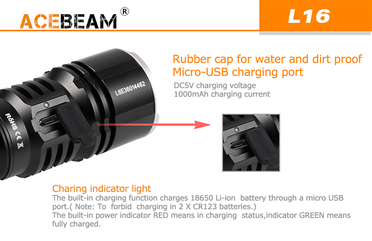 AceBeam L16 (600 метров) Дальнобойный тактический фонарь с зарядным устройством и аккумулятором