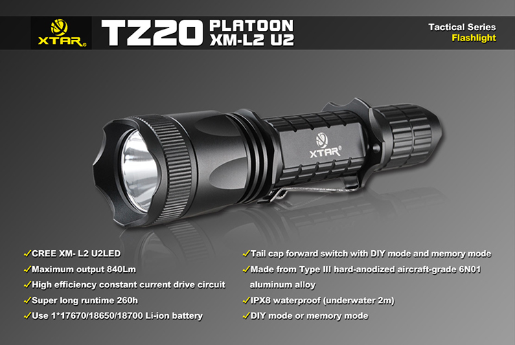 Светодиодный подствольный аккумуляторный фонарь для охоты XTAR TZ20 (XM-L2 U2) 840 lumens