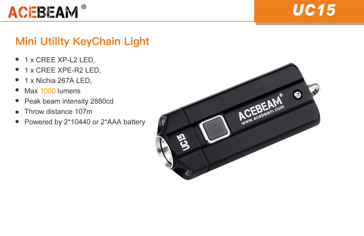AceBeam UC15 (1000 ANSI люмен)  Аккумуляторный фонарь-брелок с тремя светодиодами Whire белый, красный Red, ультрафиолетовый УФ UV фонарь