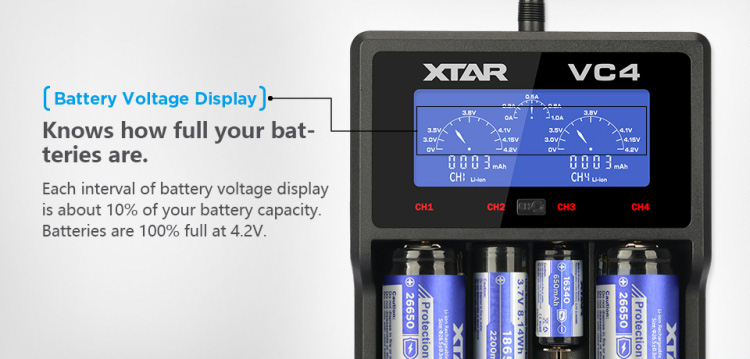 XTAR VC4   Интеллектуальное зарядное устройство на 4 канала с измерением ёмкости купить с доставкой