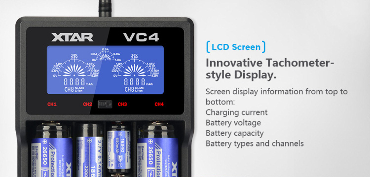 XTAR VC4   Интеллектуальное зарядное устройство на 4 канала с измерением ёмкости купить с доставкой