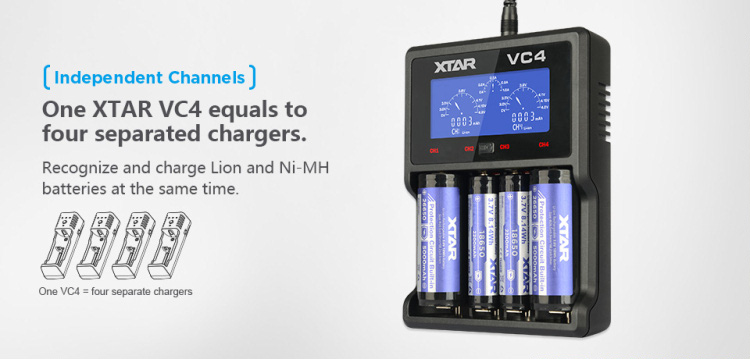 XTAR VC4   Интеллектуальное зарядное устройство на 4 канала с измерением ёмкости